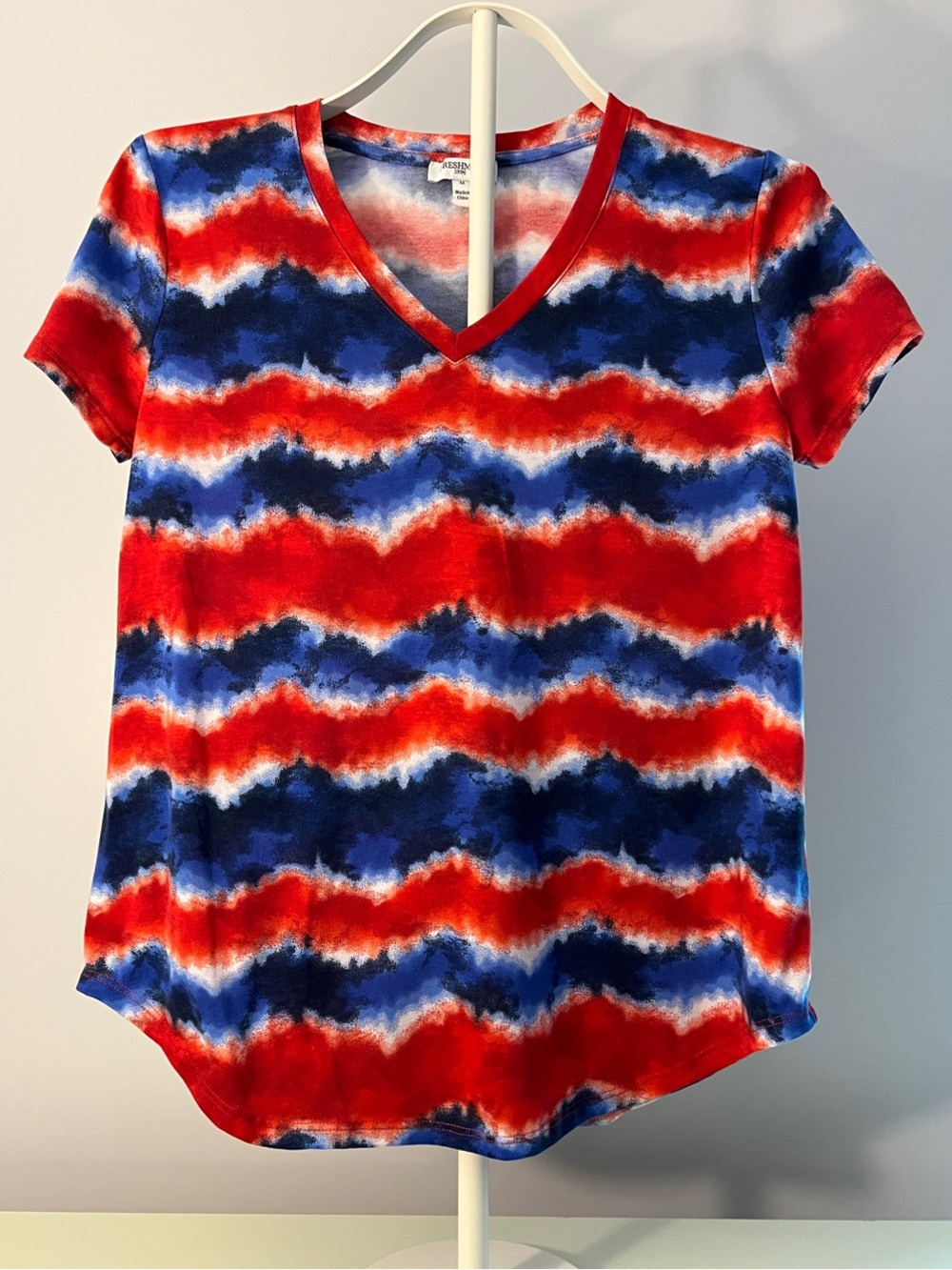 Women's V-Neck Tie-Dye Stripe Tee - Red & Blue